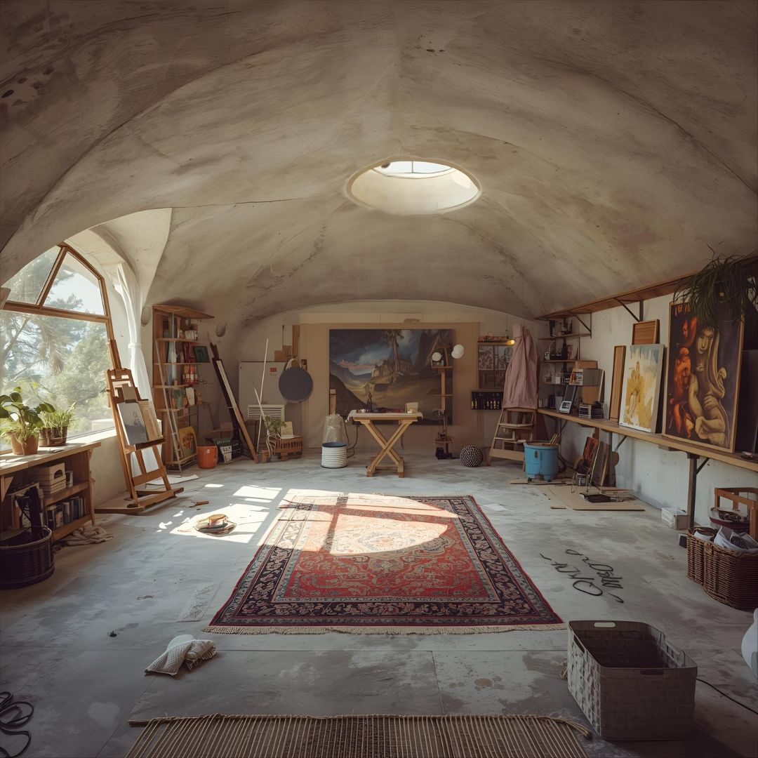 A vibrant art studio filled with canvases, paints, and natural light.